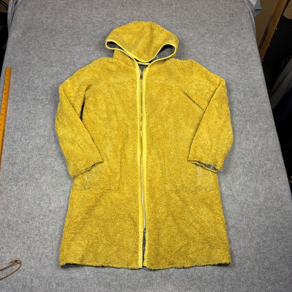 Mustard Yellow Sherpa Fleece Hooded Longline Coat Plaid Lined Full Zip